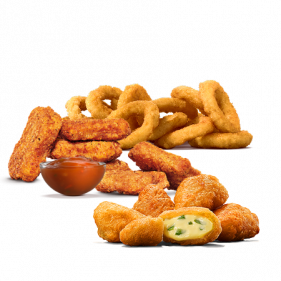 6 nugetek (+omáčka) + 5 Chili Cheese nugetek + 12 cibulových kroužků