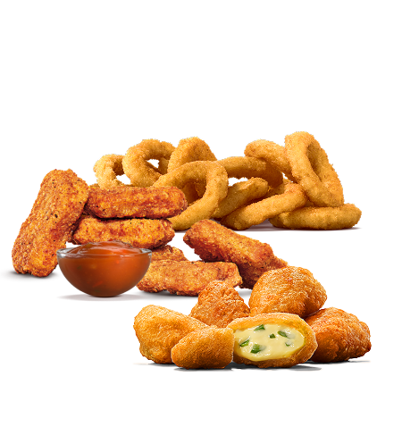 6 nugetek (+omáčka) + 5 Chili Cheese nugetek + 12 cibulových kroužků